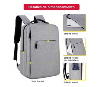 MOCHILA URBANA PORTA NOTEBOOK USB IMPERMEABLE GRIS